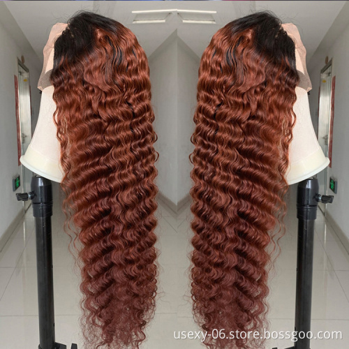 Cheap ombre frontal lace raw cuticle aligned virgin hair wigs for black women deep wave 13x4 hd lace front human hair wigs